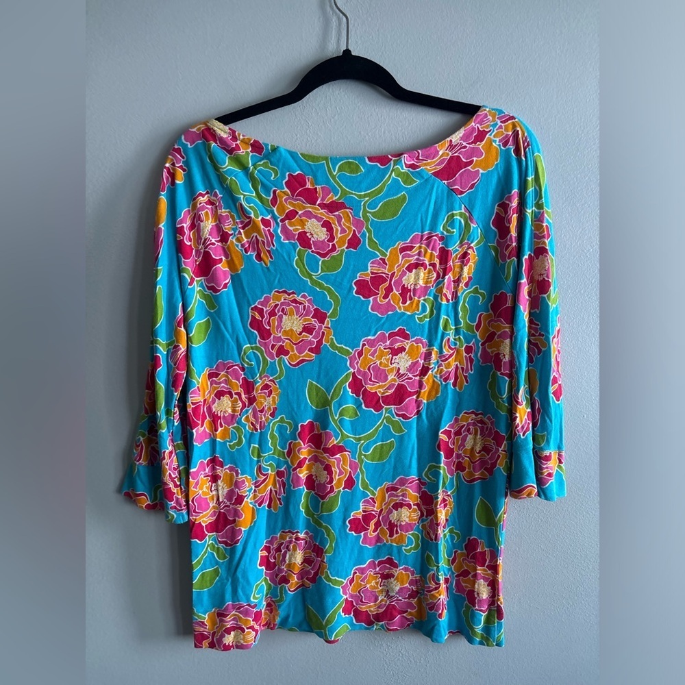 Lilly Pulitzer Shirt Womens Blue Floral Pirates Bootyniere Coastal Resort - Picture 4 of 5